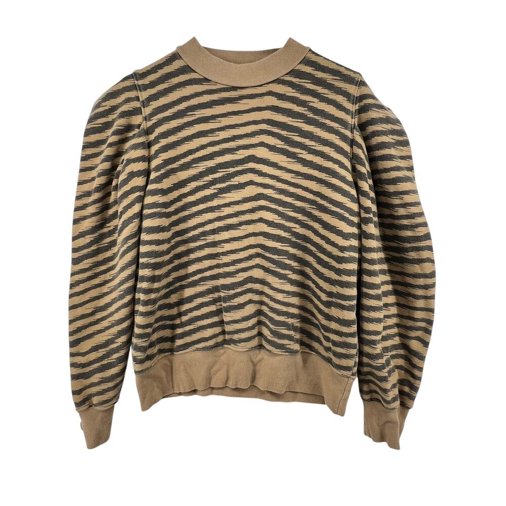 Agolde Size Medium Sweatshirt Striped Puff Sleeves Crew Neck Tan Cotton